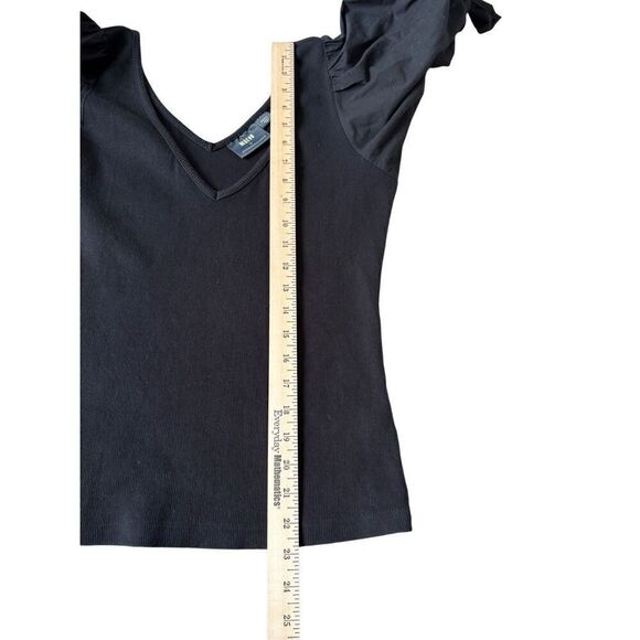 Anthropologie Maeve Puff-Sleeved Top V Neck Short Sleeve Tie Black Blouse - Picture 6 of 9